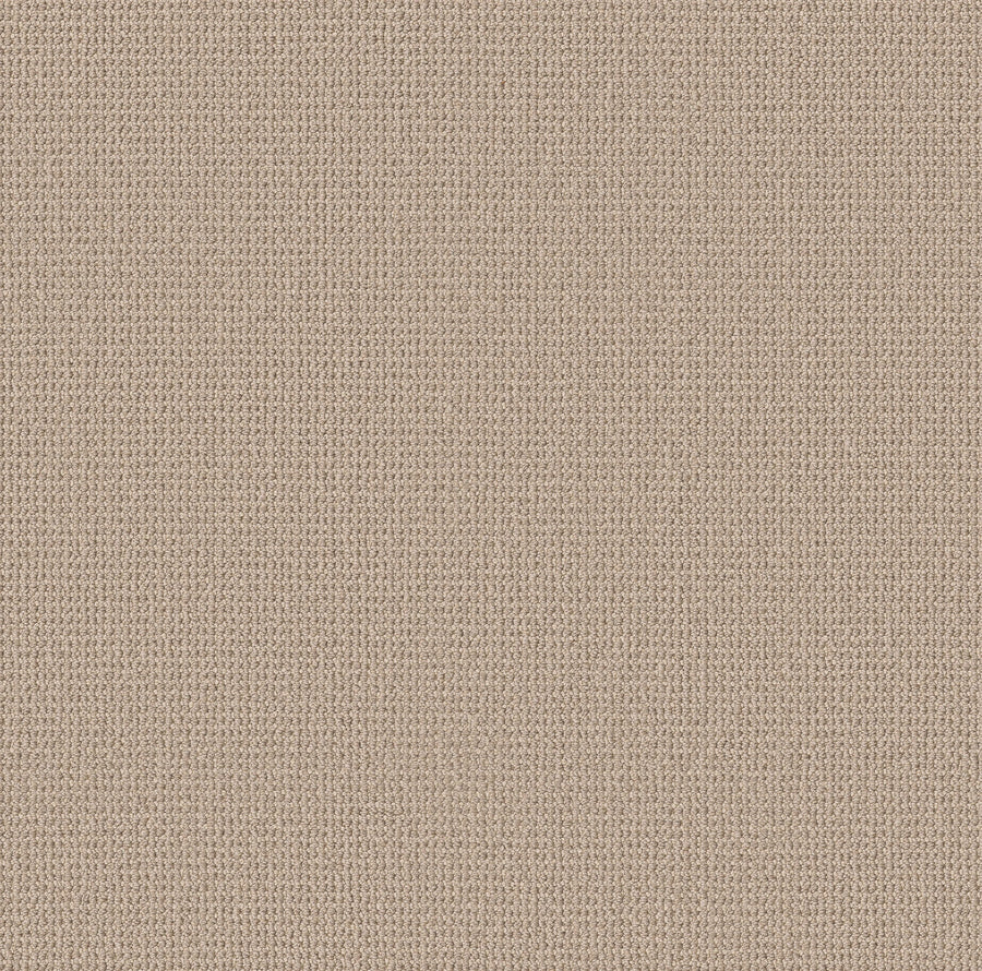 Close-up of Purrfection Beber Carpet in Polar Sky, showcasing its beige knitted fabric with a uniform, tightly woven plush texture and small, visible stitches for a luxurious look.