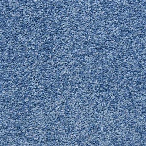 A close-up of the Morgan Bay Family Friendly Carpet in Polo shows its blue, stain-resistant, looped pile with tightly packed fibers—perfect for high-traffic areas.