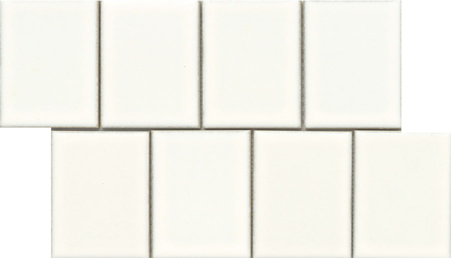 Eight Marco and Polo 4x5 Glossy Porcelain Tiles in Polo White are arranged in two offset rows, with a frameless design and the bottom row shifted to the right compared to the top row.