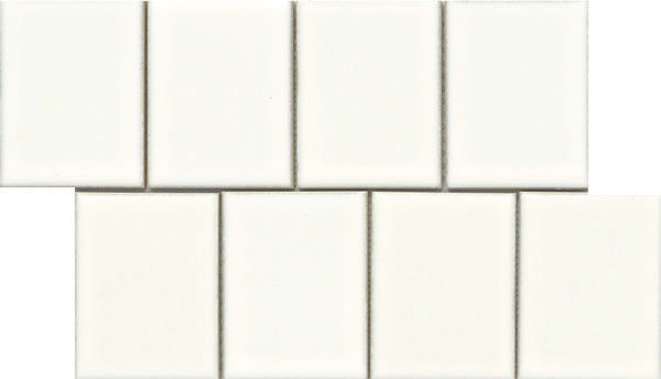 Eight Marco and Polo 4x5 Glossy Porcelain Tiles in Polo White are arranged in two offset rows, with a frameless design and the bottom row shifted to the right compared to the top row.