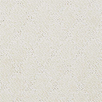 Close-up of Fine Art On Trend Carpet in Ponder—a textured, off-white luxury carpet with a soft, plush feel and a subtle diamond pattern formed by slightly raised lines for contemporary elegance.