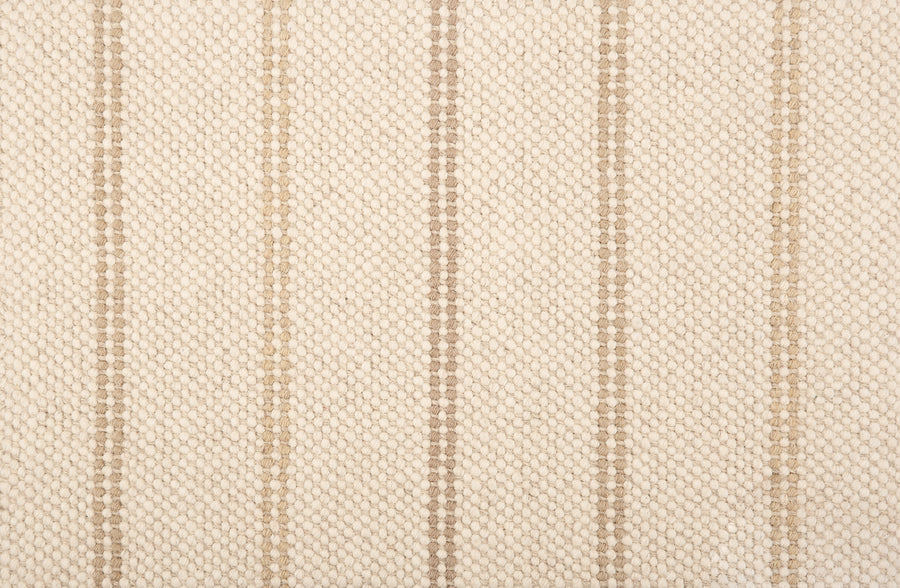 Close-up of Prairie Path On Trend Carpet featuring a textured cream background with evenly spaced vertical light brown stripes, creating an elegant and refined look.