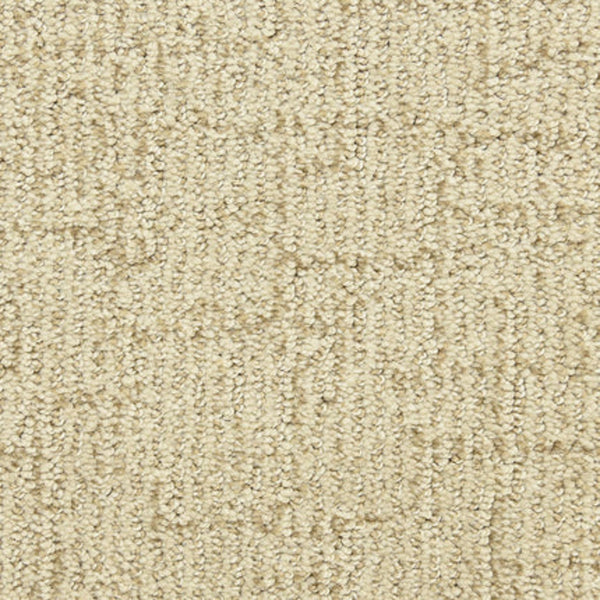 Close-up of Victor Family Friendly Carpet in Premier color. This durable, beige carpet features a textured looped pattern with subtle geometric design, offering uniform color, neutral appeal, and is ideal for family spaces.