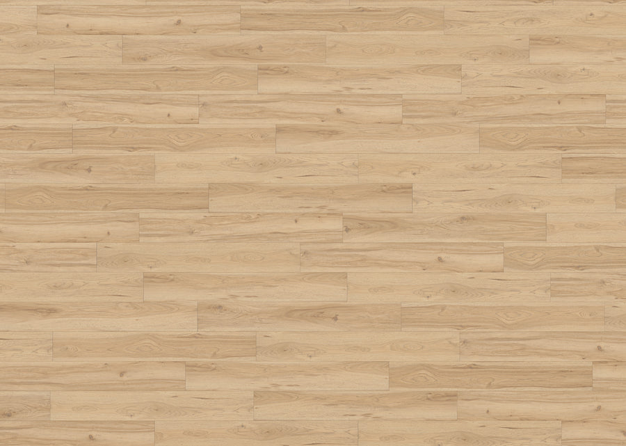 Adura Max 7" Vinyl Plank in Preservation Fossil features a light, wood-look floor with smooth, natural grain patterns and subtle knots. The neatly arranged planks are aligned horizontally for a modern, elegant appearance.