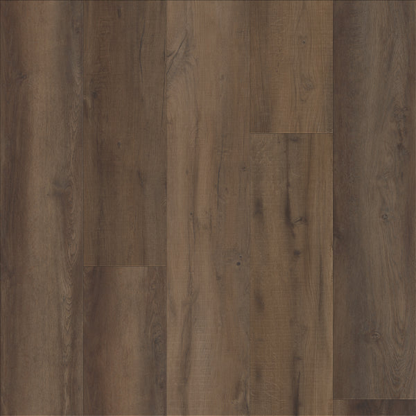 Coretec Plus Premium Vinyl features dark brown planks with natural grain patterns, subtle texture, and rustic wood-look. Installed in a staggered pattern, it displays warm color variations and visible knots for an authentic appearance.