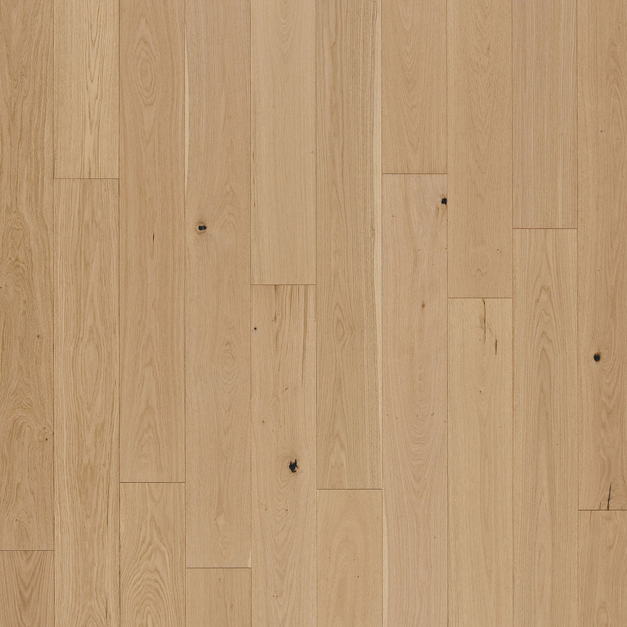 Barton Hall 7 1/2" European White Oak Hardwood features light-colored boards with natural grain, small dark knots, and a smooth matte finish arranged in a staggered pattern for a luxurious look in any space.