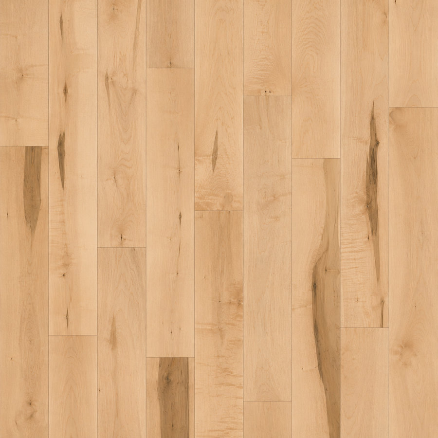 Pure Maple 4 1/4" Hardwood floorboards in Natural color, featuring light tones with natural knots and vertical grain patterns for a warm, rustic look.