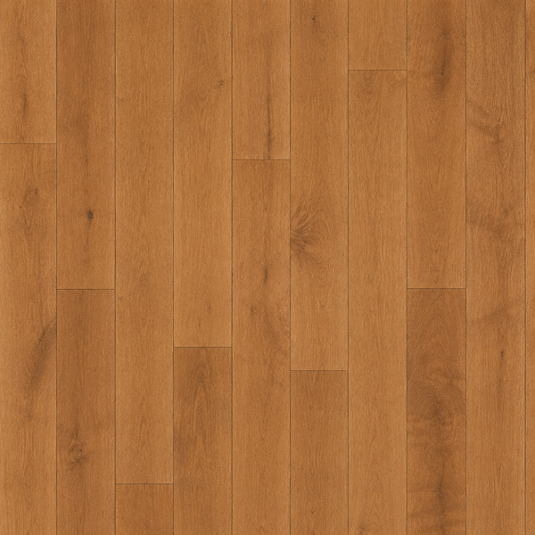 A close-up view of a wooden floor with a Warm Scone finish, featuring long, narrow planks of Pure Maple 4 1/4