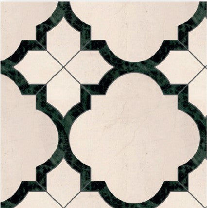 The Q7 Polished Marble Mosaic Tile features a geometric pattern with cream-colored shapes bordered by dark green, marble-like outlines, creating an interlocking design with both pointed and curved edges.