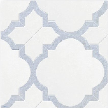 The Q7 Polished Marble Mosaic Tile features an interlocking geometric design in white marble, outlined in light blue, with repeating quatrefoil and star shapes for a stylish decorative look.