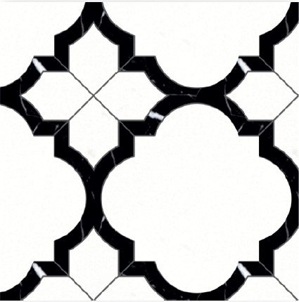 Q7 Polished Marble Mosaic Tile features a bold black and white geometric pattern with interlocking quatrefoils and pointed motifs, outlined in black on a white background—ideal for striking, premium marble tile installations.