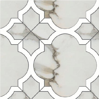 The Q7 Polished Marble Mosaic Tile features white polished marble with ornate interlocking geometric shapes outlined in black, subtle gray and beige veining, and a repeating symmetrical motif for an elegant, sophisticated look.