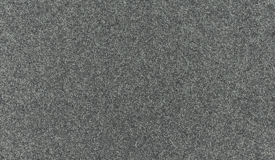 A close-up of the Quality Living III Pet Friendly Carpet in Pavement color shows its textured surface with fine, gray speckled grains, resembling a durable finish.