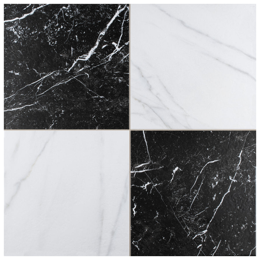 The Quartier Checkerboard Ceramic Tile features a grid of alternating black tiles with white veining and white tiles with subtle gray veining, ideal for contemporary interiors or as an eye-catching kitchen tile. Color: Black & White.
