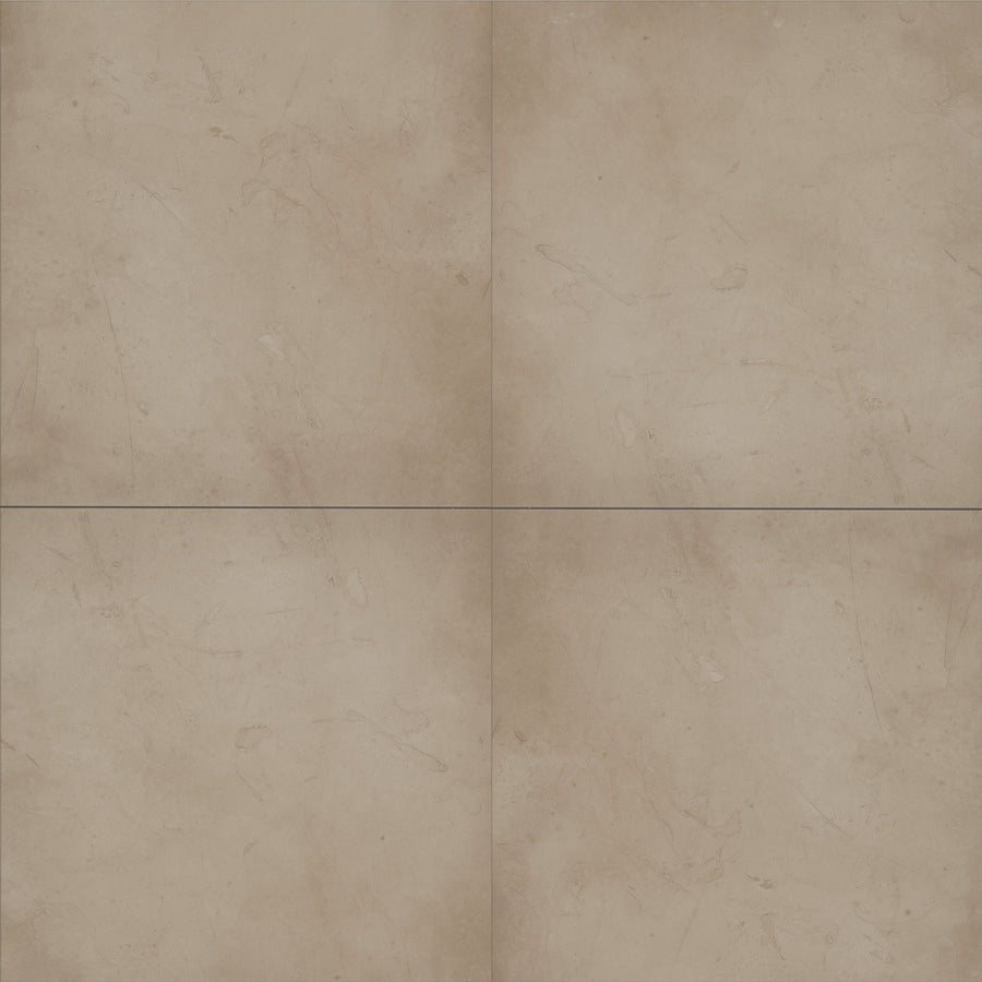 Four beige Coretec Solid Polymer Core Vinyl Tiles with subtle marbling and faint scratch-like patterns, arranged in a 2x2 grid. Thin, dark grout lines separate each tile for a sophisticated and durable flooring solution.