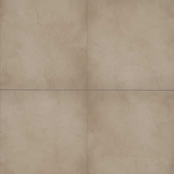Four beige Coretec Solid Polymer Core Vinyl Tiles with subtle marbling and faint scratch-like patterns, arranged in a 2x2 grid. Thin, dark grout lines separate each tile for a sophisticated and durable flooring solution.