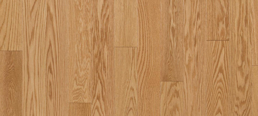 Edmonton 4 1/4" Red Oak Hardwood features light brown planks with natural wood grain and subtle color variations, arranged side by side for a smooth, even surface.