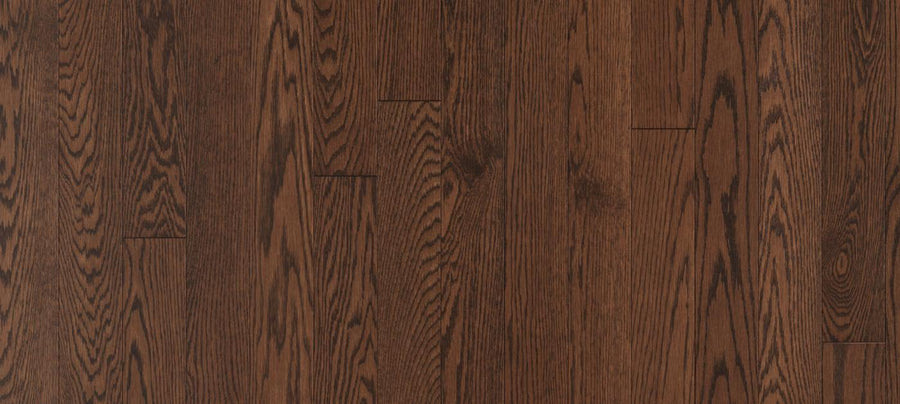 Edmonton 4 1/4" Red Oak Hardwood features dark brown tones with natural grain and subtle shade variations. Vertically aligned planks, polished finish, and subtle seams make it ideal for quality Edmonton hardwood flooring.