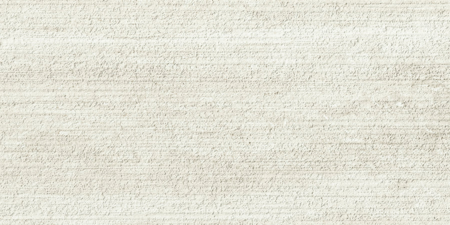 The Villanova 12x24 3D Relief Rectified Porcelain Tile features a light beige neutral tone with a subtle horizontal textured linear pattern, offering a soft and understated background.