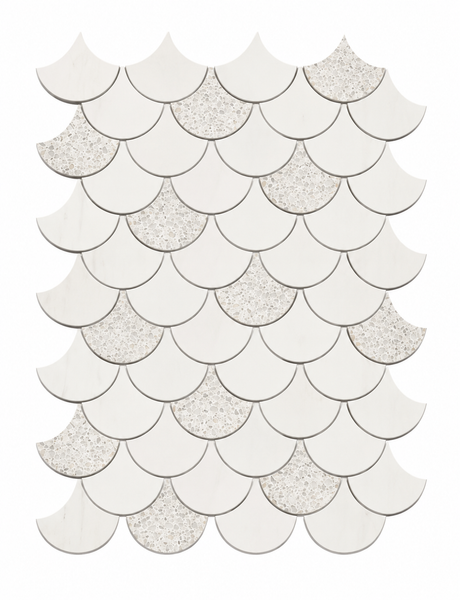 Amplify from the Revive Terrazzo & Dolomite 2″ Fish Scale Mosaic collection features fish-scale-shaped tiles arranged in overlapping rows to create an elegant mosaic effect, blending smooth, solid white pieces with speckled tiles that evoke the look of terrazzo among the pristine surfaces.