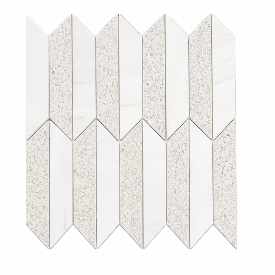Revive Terrazzo & Dolomite Half Picket Mosaic in Amplify features geometric wall tiles with alternating white dolomite and terrazzo mosaic parallelograms, arranged in vertical zigzag columns on a white background.