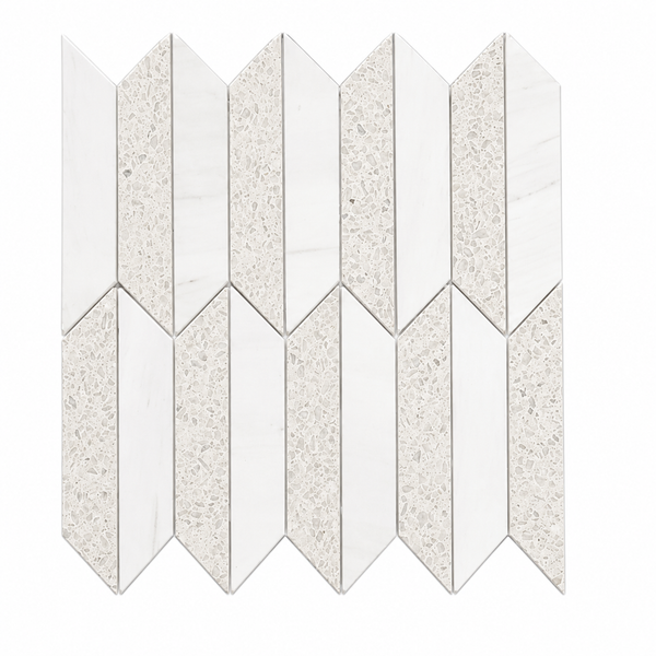 Revive Terrazzo & Dolomite Half Picket Mosaic in Amplify features geometric wall tiles with alternating white dolomite and terrazzo mosaic parallelograms, arranged in vertical zigzag columns on a white background.