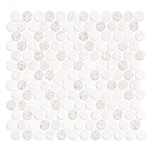 The Revive Terrazzo & Dolomite 1″ Pennyround Mosaic in Amplify features white circular tiles arranged in a grid pattern, with a mix of textured and smooth surfaces on a white background. The subtle variation captures the classic appeal of natural stone, making it perfect for timeless interiors.