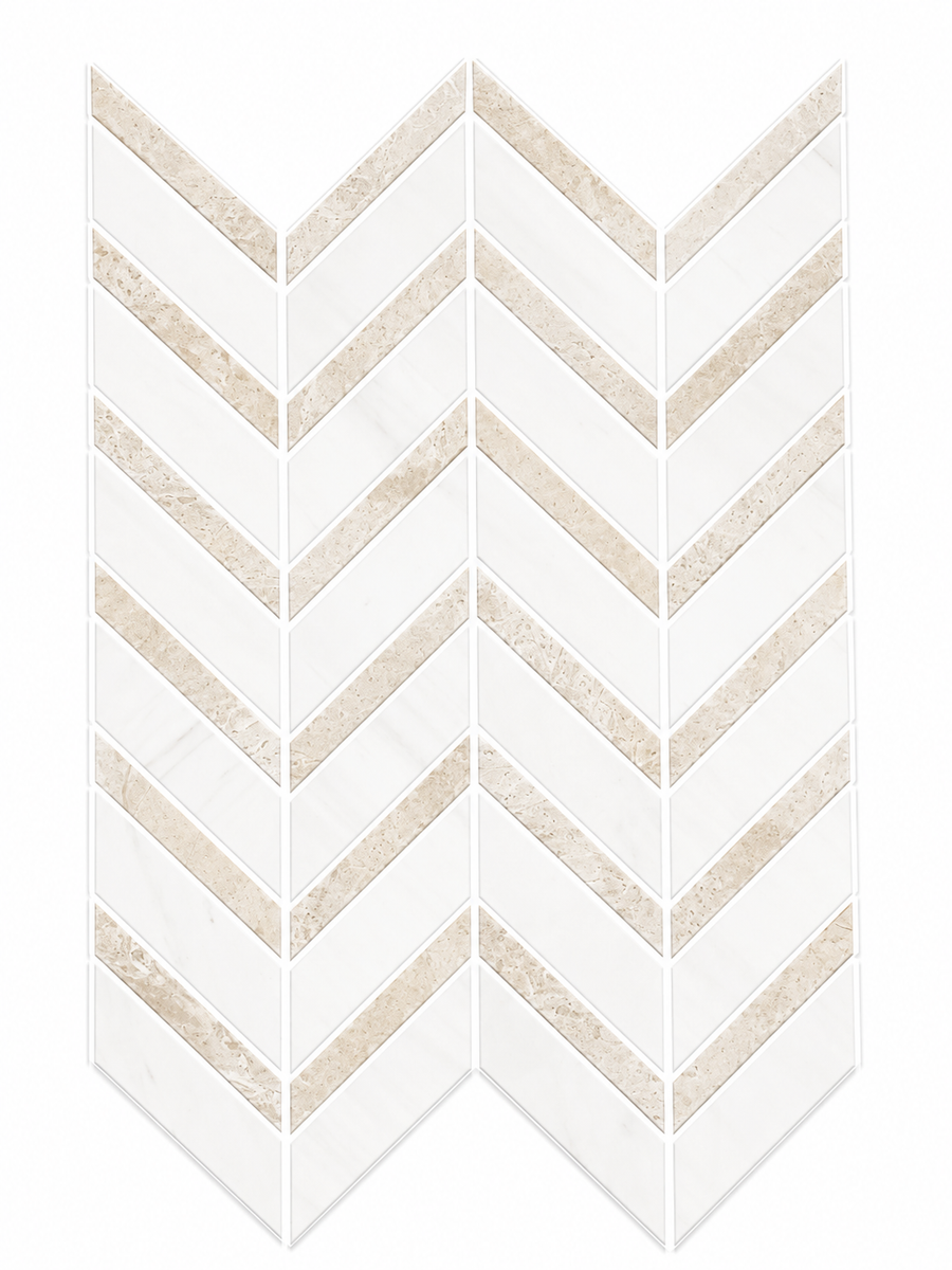 Revive Korbell & Dolomite Chevron Mosaic in w/ Korbell color features a zigzag chevron design made of alternating beige and white natural stone strips, set against a white background.