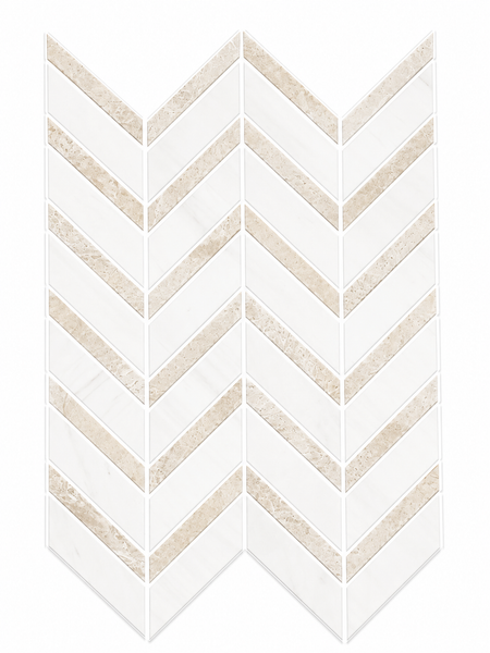 Revive Korbell & Dolomite Chevron Mosaic in w/ Korbell color features a zigzag chevron design made of alternating beige and white natural stone strips, set against a white background.