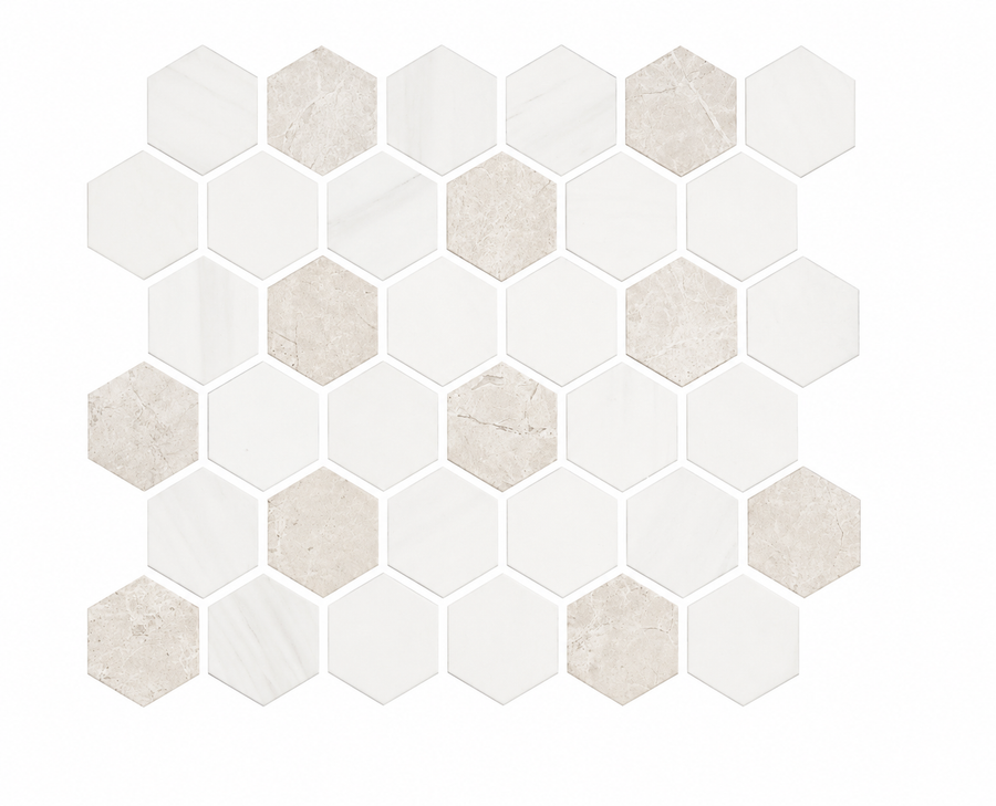 Revive Korbell & Dolomite 2″ Hex Mosaic in a honed finish features alternating white and light beige hexagonal tiles arranged in a honeycomb pattern on a white background, accented with subtle terrazzo details for added visual interest.