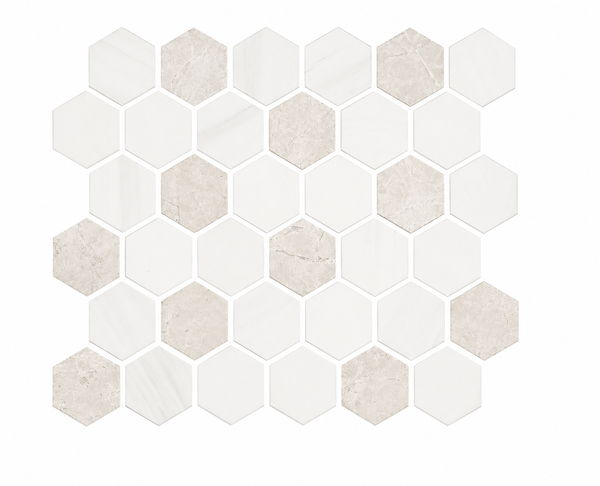 Revive Korbell & Dolomite 2″ Hex Mosaic in a honed finish features alternating white and light beige hexagonal tiles arranged in a honeycomb pattern on a white background, accented with subtle terrazzo details for added visual interest.