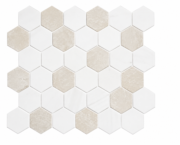 A pattern of 2″ hexagonal tiles from the Revive Korbell & Dolomite Hex Mosaic, arranged in alternating beige and white rows on a white background. This polished hex mosaic tile features a refined look with its smooth finish and elegant color contrast.