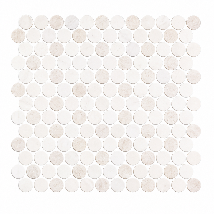 The Revive Korbell & Dolomite 1″ Pennyround Mosaic in w/ Korbell features a sheet of round, off-white penny tiles arranged evenly in a square grid on a white background, making it perfect for adding a touch of contemporary design to any space.