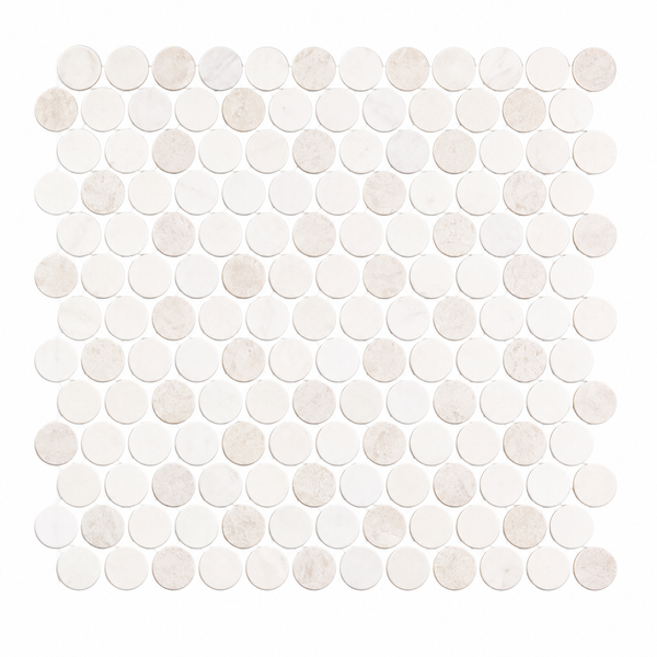 The Revive Korbell & Dolomite 1″ Pennyround Mosaic in w/ Korbell features a sheet of round, off-white penny tiles arranged evenly in a square grid on a white background, making it perfect for adding a touch of contemporary design to any space.