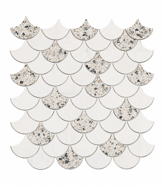 The Revive Terrazzo & Dolomite 2″ Fish Scale Mosaic in Pave features scallop-shaped tiles arranged in a fish scale pattern, alternating between solid white and terrazzo tiles with black and gray stone chips on a white background, evoking the sophisticated interplay of Terrazzo shades and the timeless elegance of Dolomite marble.