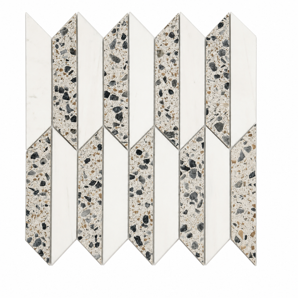 Revive Terrazzo & Dolomite Half Picket Mosaic in Pave features a geometric tile pattern with alternating narrow white marble and terrazzo pieces forming a zigzag design on a white background, creating a refined terrazzo mosaic effect.