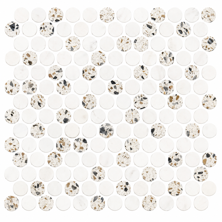 The Revive Terrazzo & Dolomite 1″ Pennyround Mosaic in Pave features penny round tiles arranged in a classic grid pattern. Some of the tiles are solid white, while others showcase a terrazzo design with brown, black, and beige fragments scattered on a white background—all set against a crisp white backdrop.