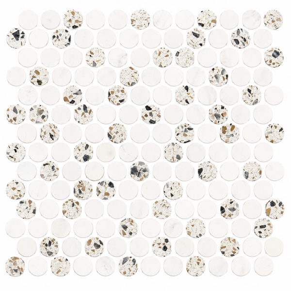 The Revive Terrazzo & Dolomite 1″ Pennyround Mosaic in Pave features penny round tiles arranged in a classic grid pattern. Some of the tiles are solid white, while others showcase a terrazzo design with brown, black, and beige fragments scattered on a white background—all set against a crisp white backdrop.