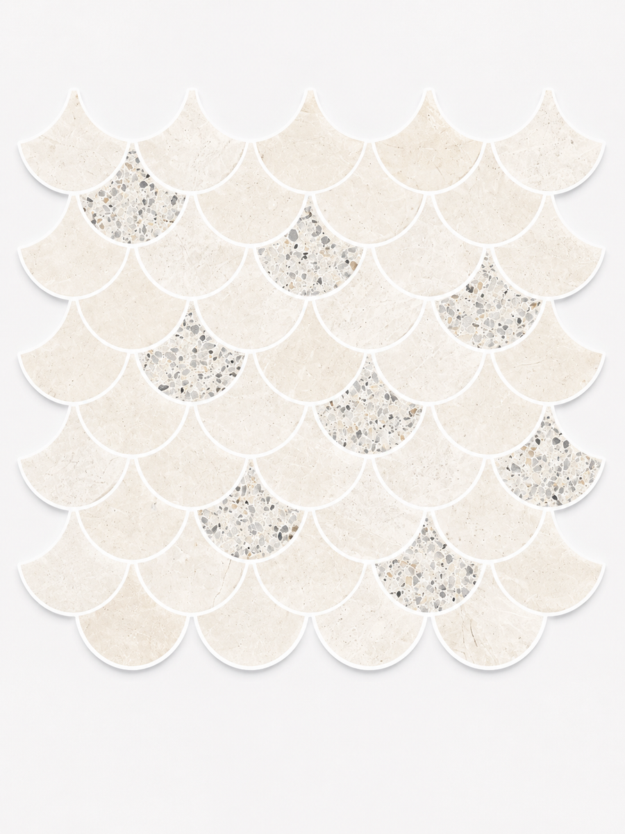 Revive Terrazzo & Korbell 2″ Fish Scale Mosaic in the color Amplify is arranged in a fish scale pattern, with mostly cream tiles complemented by some featuring a speckled terrazzo texture, all set against a white background.