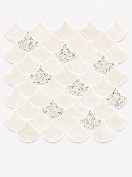 Revive Terrazzo & Korbell 2″ Fish Scale Mosaic in the color Amplify is arranged in a fish scale pattern, with mostly cream tiles complemented by some featuring a speckled terrazzo texture, all set against a white background.