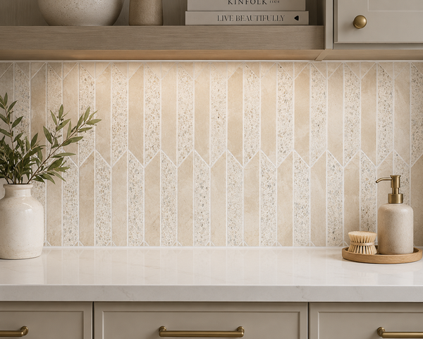 Beige geometric tile backsplash featuring the Revive Terrazzo & Korbell Half Picket Mosaic, complemented by a white countertop with a soap dispenser, brush, and potted plant. The upper shelf displays books, a bowl, and a vase, while warm under-cabinet lighting highlights the clean, modern kitchen decor.