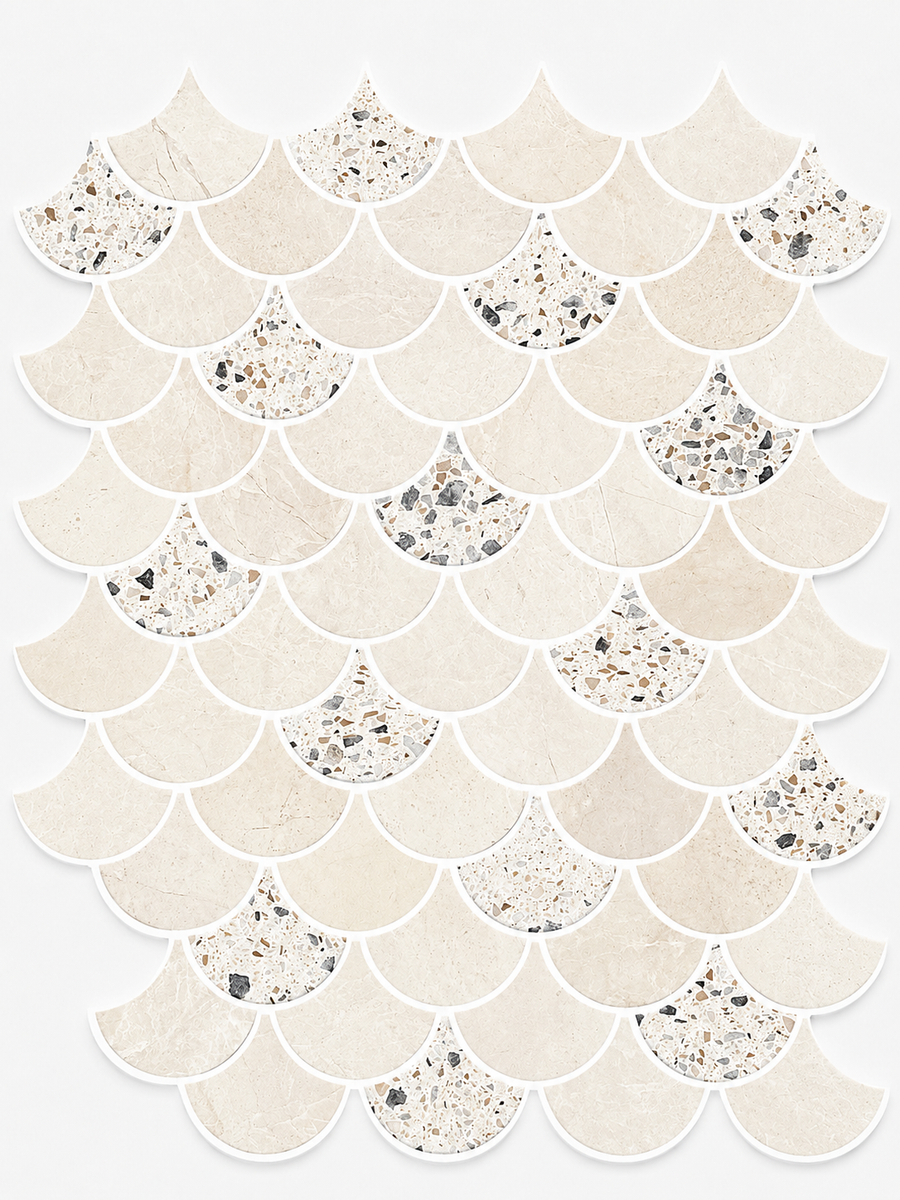 Revive Terrazzo & Korbell 2″ Fish Scale Mosaic in Pave features overlapping beige terrazzo and marble tiles arranged in a fish scale pattern on a white background.