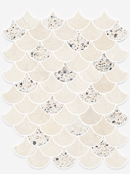 Revive Terrazzo & Korbell 2″ Fish Scale Mosaic in Pave features overlapping beige terrazzo and marble tiles arranged in a fish scale pattern on a white background.