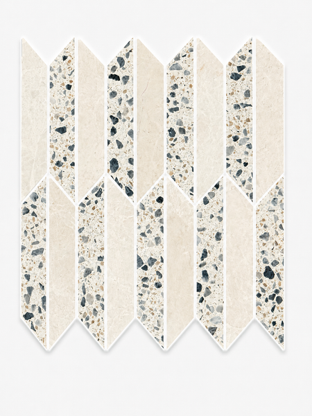 A herringbone-style geometric tile pattern featuring the Revive Terrazzo & Korbell Half Picket Mosaic in Pave, with alternating cream Korbell marble and terrazzo mosaic pieces set against a white background.