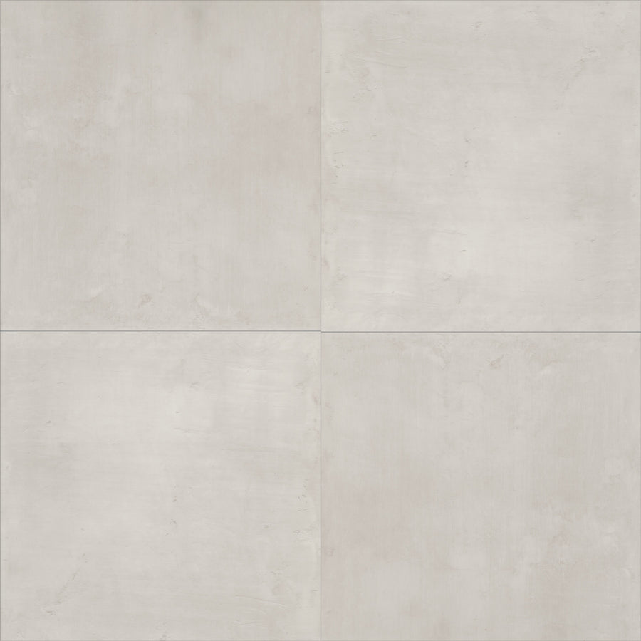 Four light grey square Coretec Solid Polymer Core Vinyl Tiles with a smooth, subtle texture are arranged in a 2x2 grid, forming a clean, minimalist pattern ideal for durable flooring.