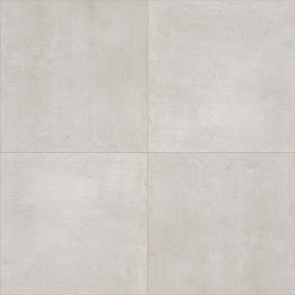 Four light grey square Coretec Solid Polymer Core Vinyl Tiles with a smooth, subtle texture are arranged in a 2x2 grid, forming a clean, minimalist pattern ideal for durable flooring.