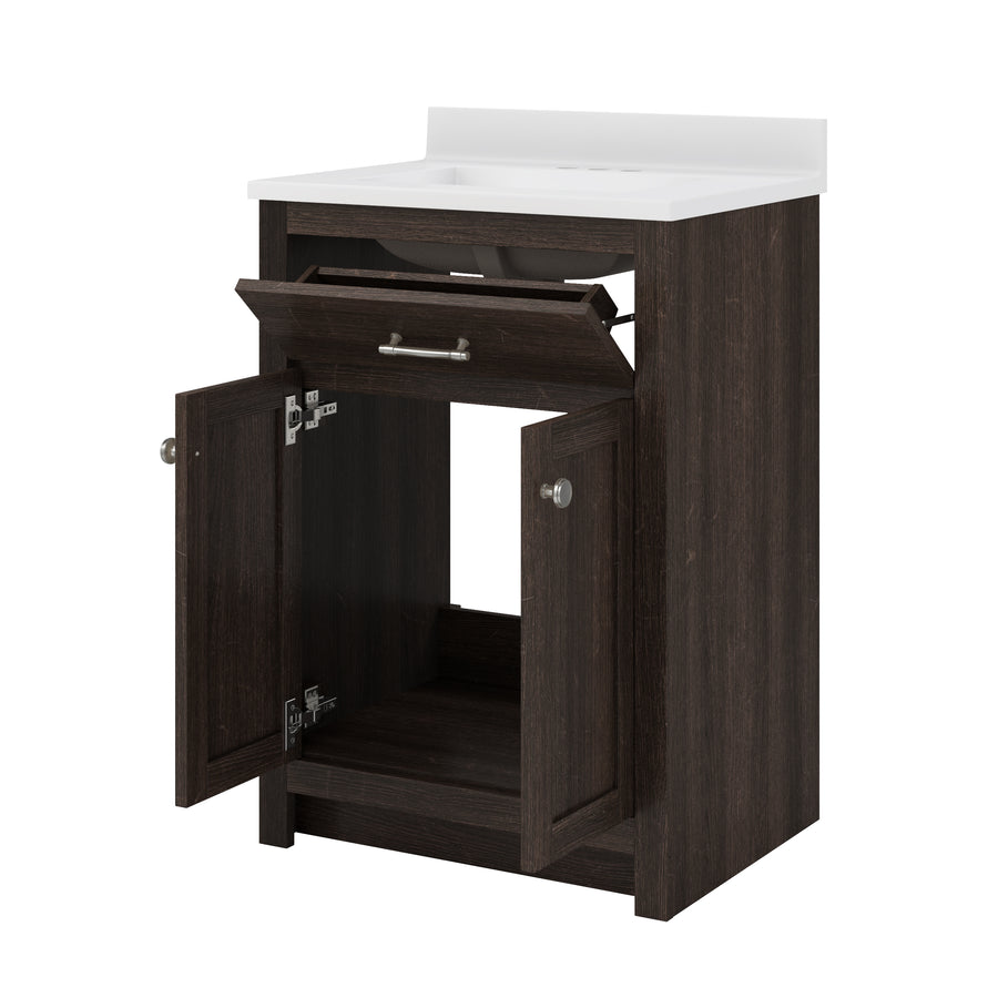 A dark wood bathroom vanity with a white sink top. The vanity has two open lower doors revealing an empty storage space and an open drawer above, also revealing storage space.