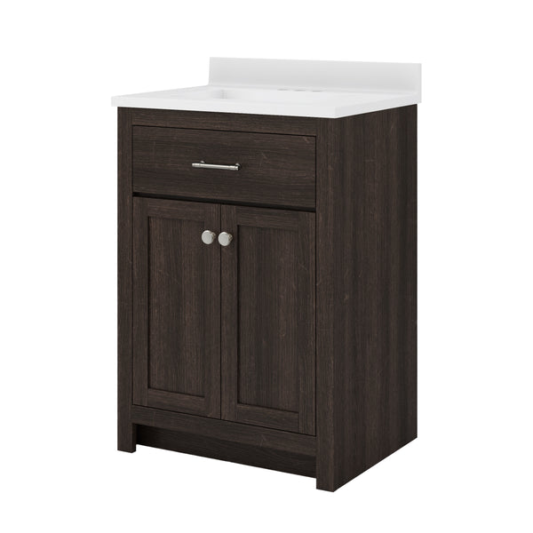 Dark wood bathroom vanity with a white countertop, a single pull-out drawer, and two cabinet doors with round silver knobs. The countertop has a backsplash and an integrated sink.