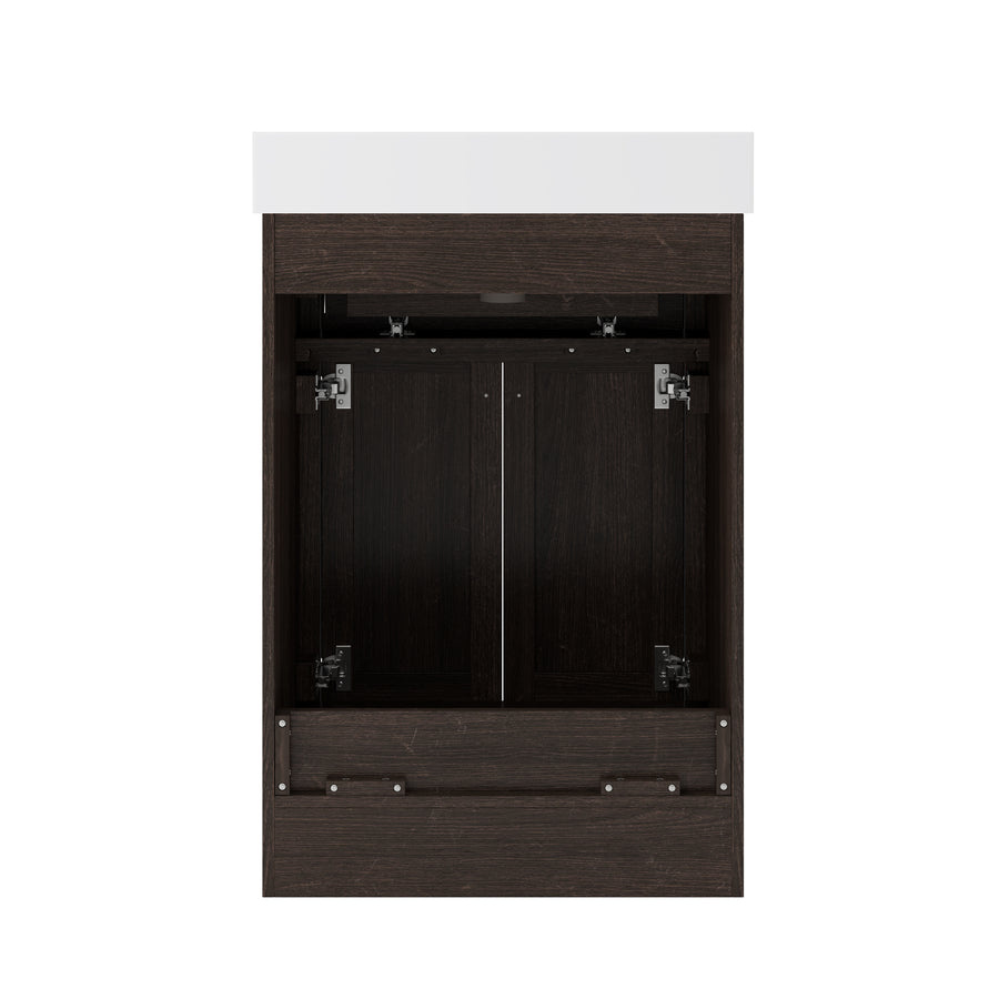 A dark brown cabinet with two doors partially open, showing metal hinges inside. The cabinet has a white countertop and is set against a plain white background.