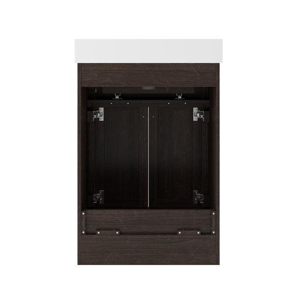A dark brown cabinet with two doors partially open, showing metal hinges inside. The cabinet has a white countertop and is set against a plain white background.